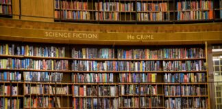 Drewniane regały biblioteczne wypełnione kolorowymi książkami