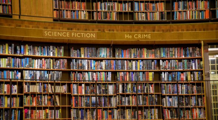 Drewniane regały biblioteczne wypełnione kolorowymi książkami